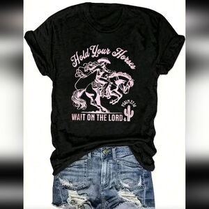 Black Graphic Tee with Pink Cowboy Design